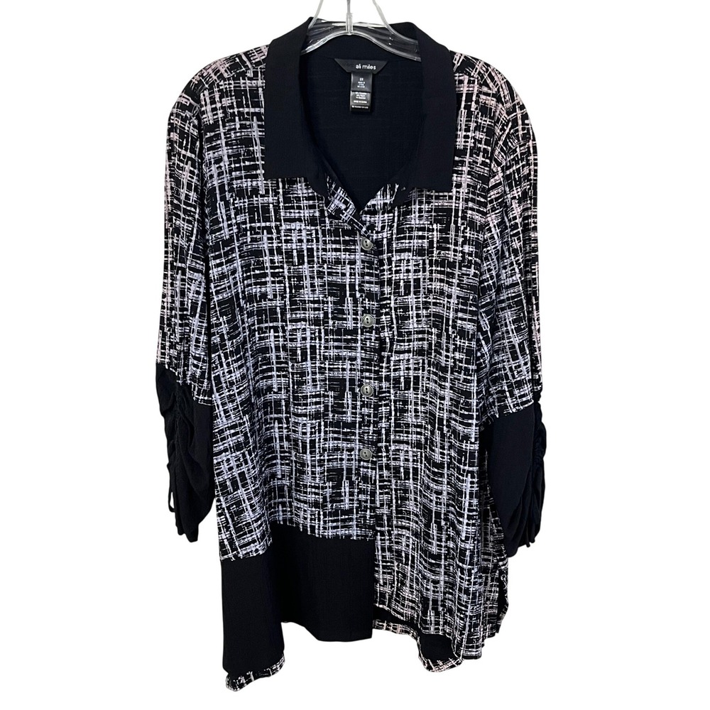 Ali Miles Button Up Tunic Women 2X Black White Abstract Grid Ruched Blouse